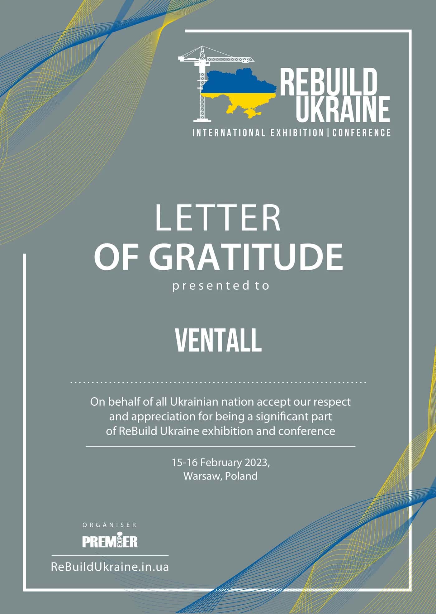 Лист подяки ReBuild Ukraine на адресу Ventall