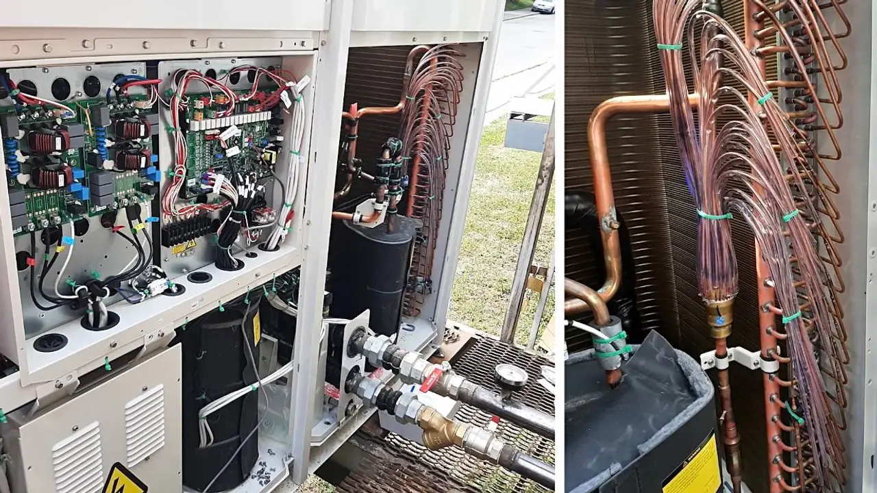 Спеціаліст Ventall виконує монтажні роботи на промисловому чиллері Cooper & Hunter для супермаркету Varus у Києві.