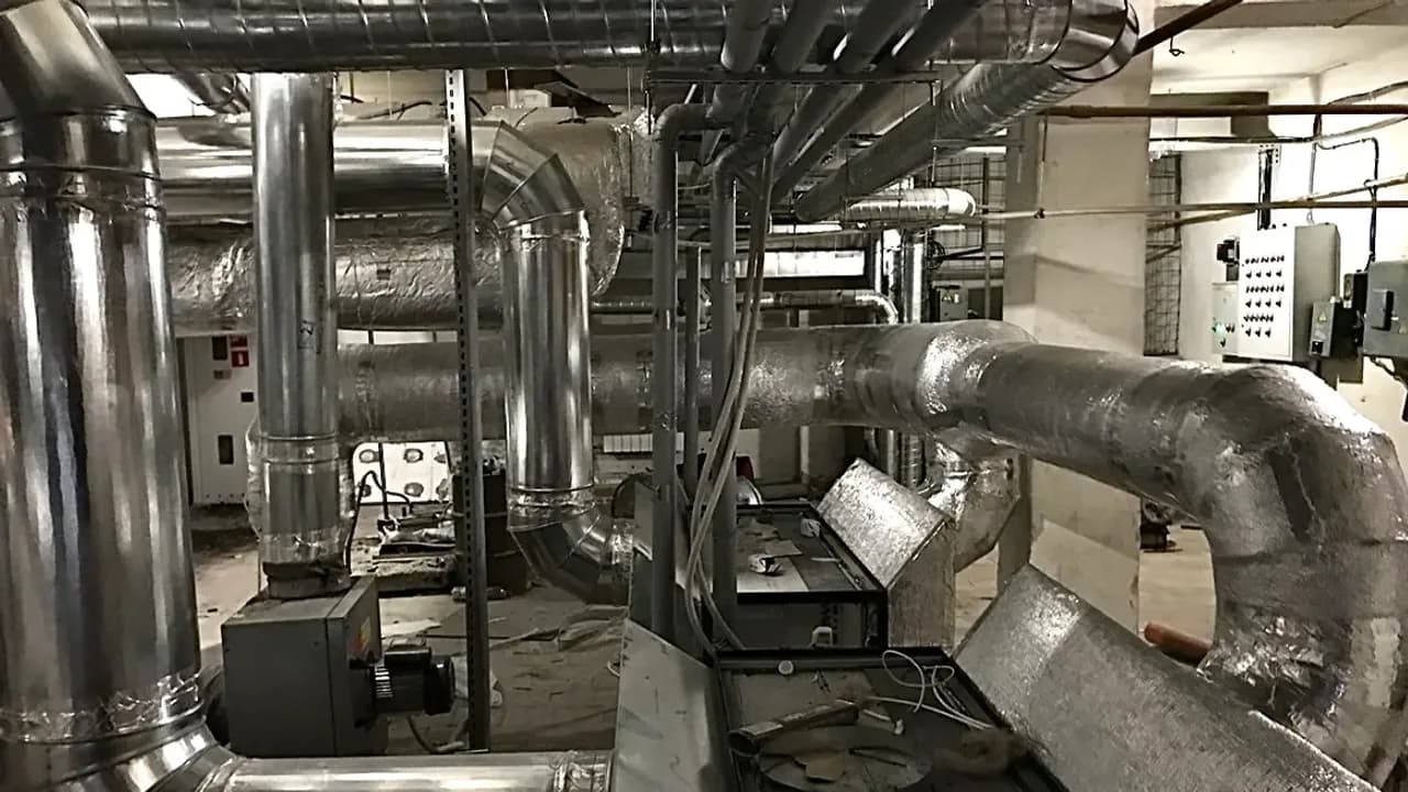 Розведення круглих та прямокутних повітропроводів із оцинкованої сталі у вентиляційній камері.