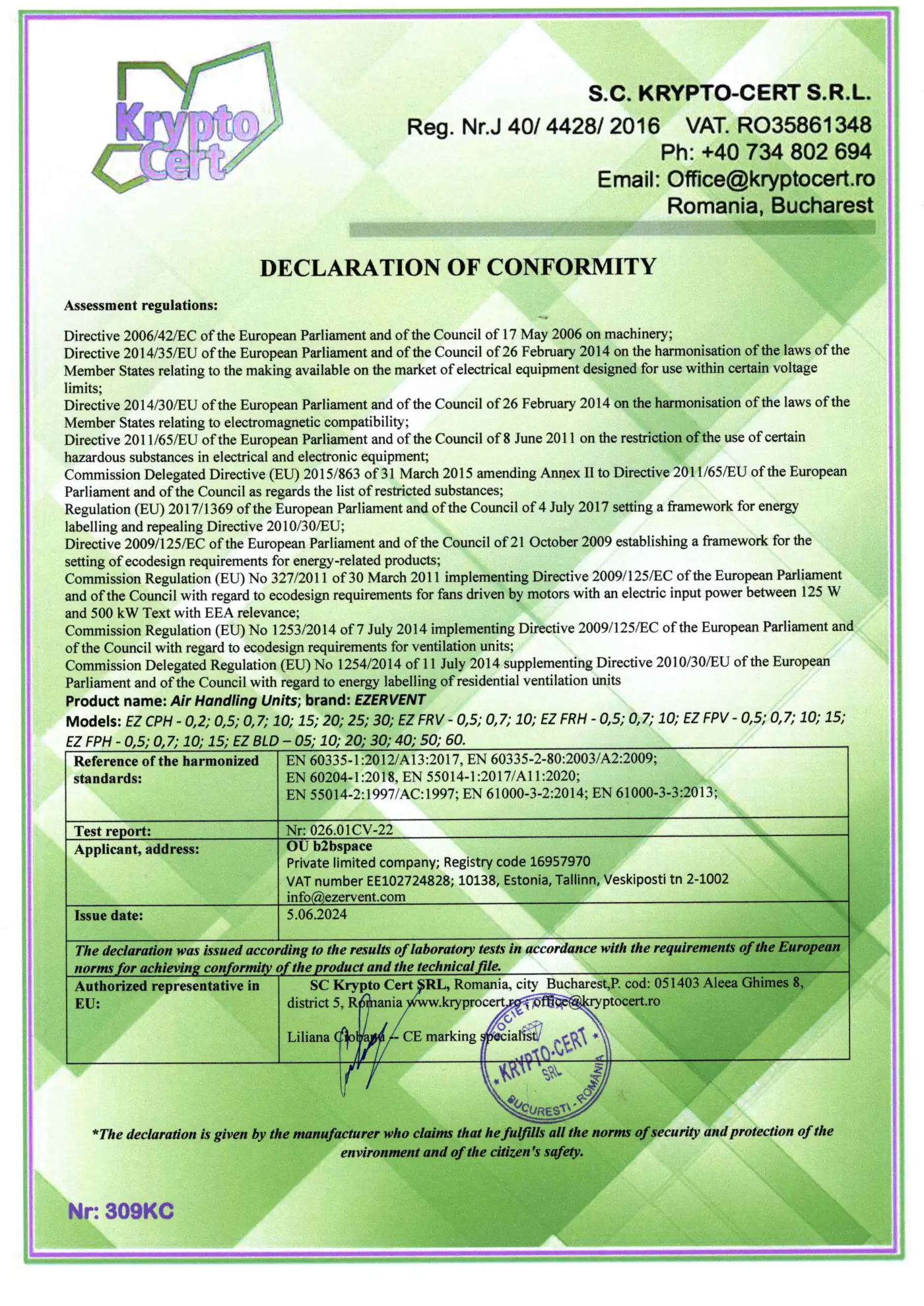 EC Declaration of Conformity for EZERVENT air handling units — model range by Ventall