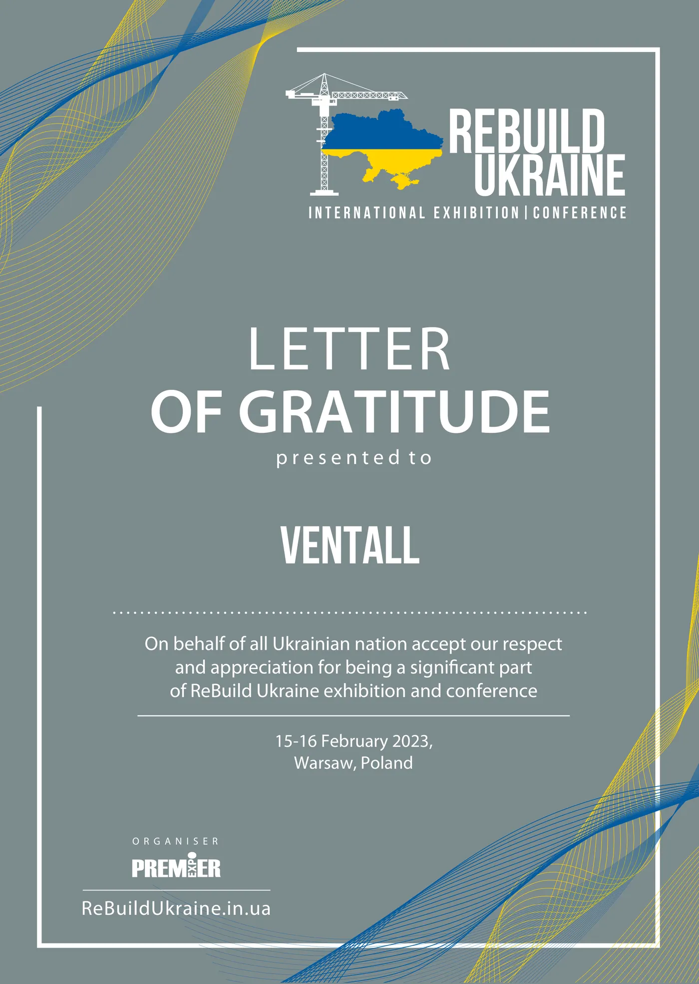 Лист подяки ReBuild Ukraine на адресу Ventall